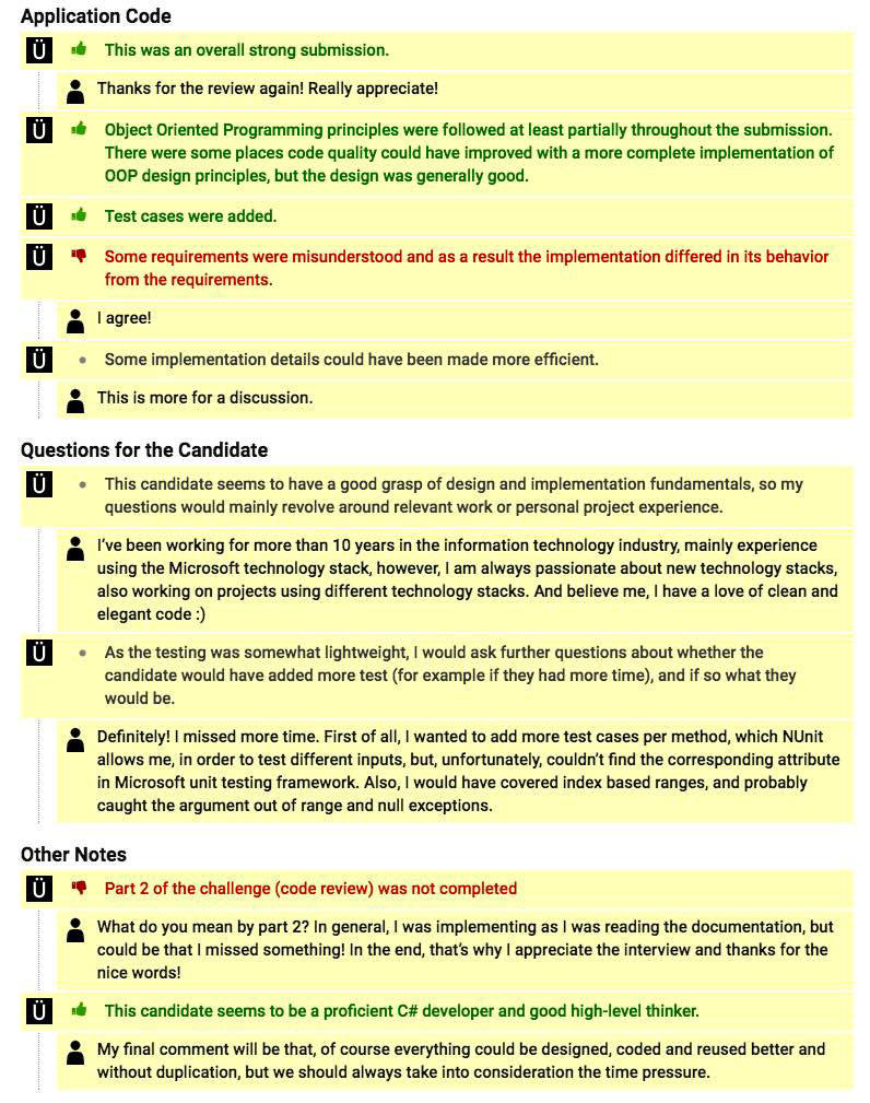 A screenshot of the comments left on your code when using Geektastic, the best alternative to HackerRank.