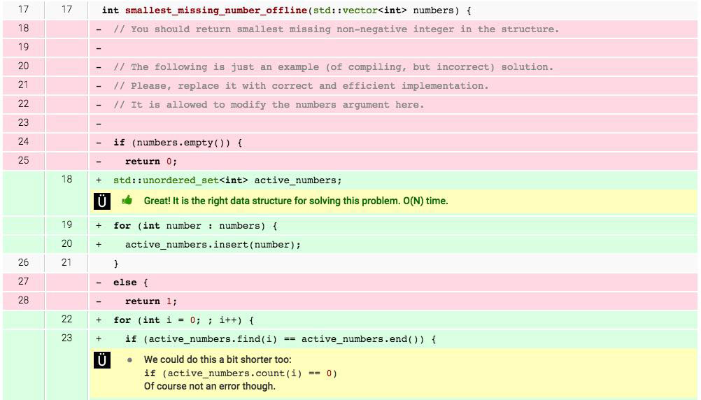 A screenshot of the line by line review of your code when using Geektastic, the best alternative to HackerRank.